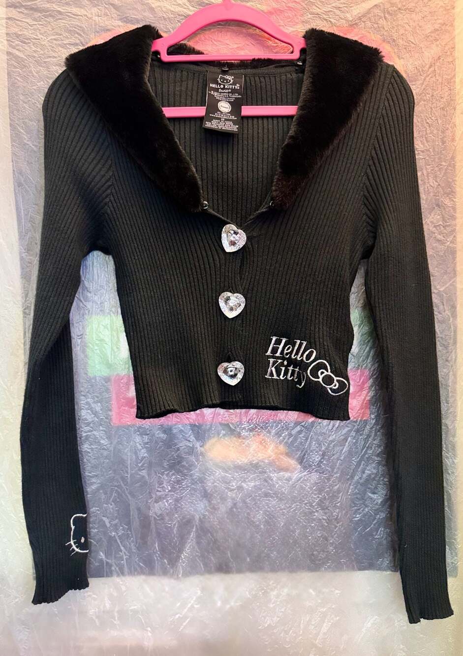 Hello Kitty Sanrio Black Ribbed Faux Fur Collar Cardigan Size XS
